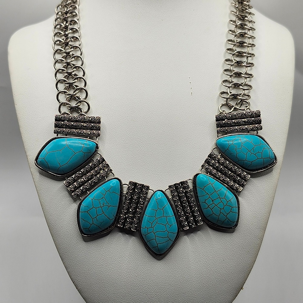 Turquoise‎ Silver Tone Statement Bib Necklace Faux Stone Southwestern Style